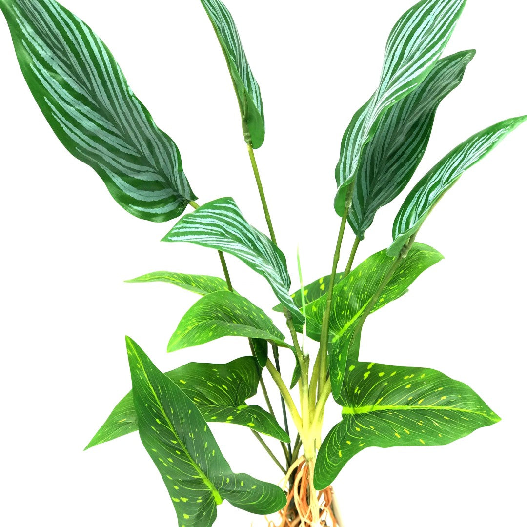 close up on green plastic plant leaves