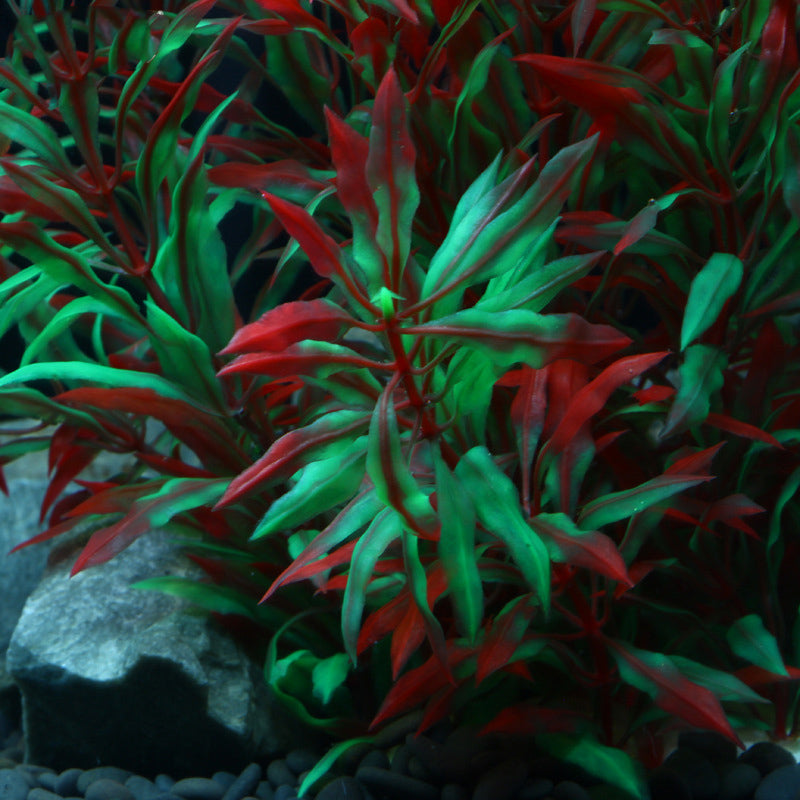Leaves of a red and green plastic fish tank plant