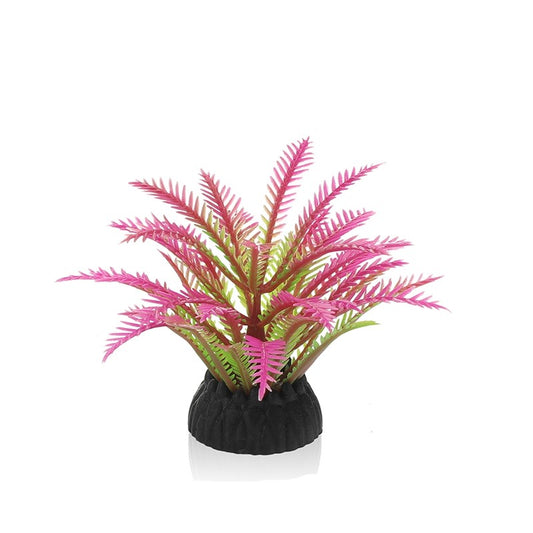Small pink and green plastic plant with black base